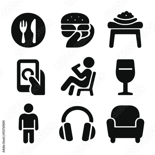 Solo Dining Icons. Solid, filled icons set of solo dining moments: one plate, handheld meal, side table,