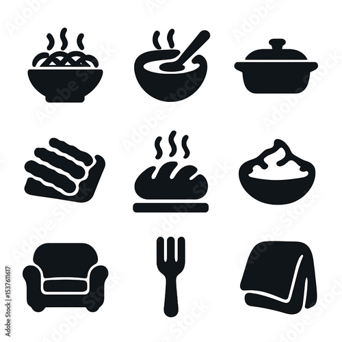 Comfort Food Icons. Solid, filled icons set of comfort food at home: mac and cheese, soup bowl, casserole dish