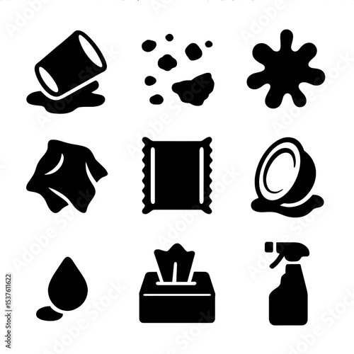 Living Room Food Icons. Solid, filled icons set of living room food mess: spilled drink, food crumbs, ketchup