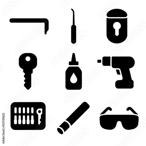 Locksmith Tools Icons. Solid, filled icons set of locksmith tools and supplies: tension wrench, lock pick, pin