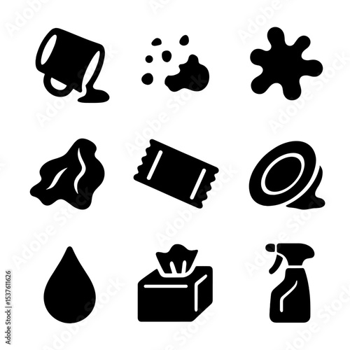 Living Room Food Icons. Solid, filled icons set of living room food mess: spilled drink, food crumbs, ketchup