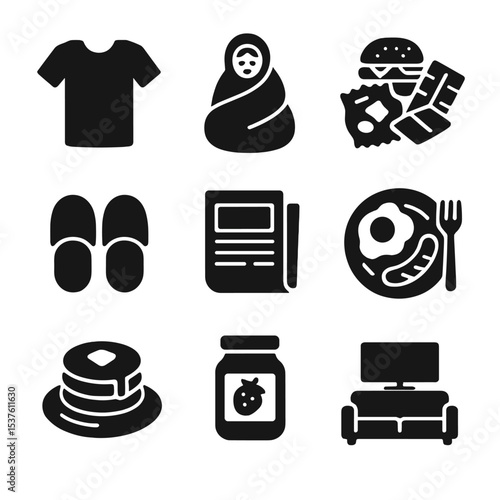 Lazy Weekend Icons. Solid, filled icons set of lazy weekend eating: sleep shirt, blanket cocoon, snack pile,