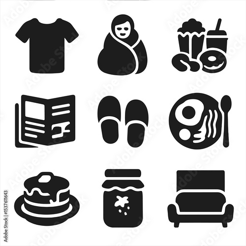 Lazy Weekend Icons. Solid, filled icons set of lazy weekend eating: sleep shirt, blanket cocoon, snack pile,
