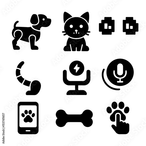 Robo-Pet Icon Set. Solid, filled icons set of robo-pets and digital animals: robot dog, AI cat, LED eyes,