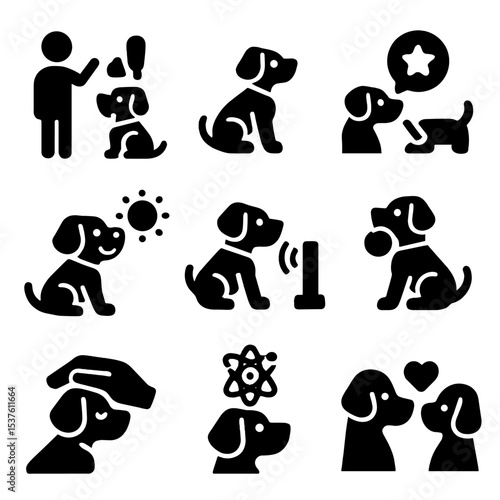 AI Pet Behavior Icons. Solid, filled icons set of AI pet behaviors: follow command, sit function, respond name