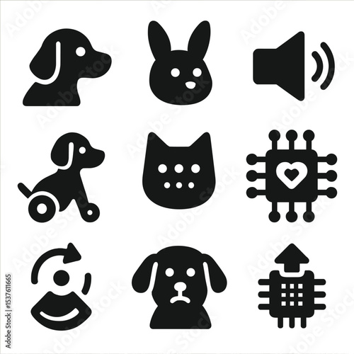 Customizable Robot Pets Icons. Solid, filled icons set of customizable robot pets: skin color, ear shape,
