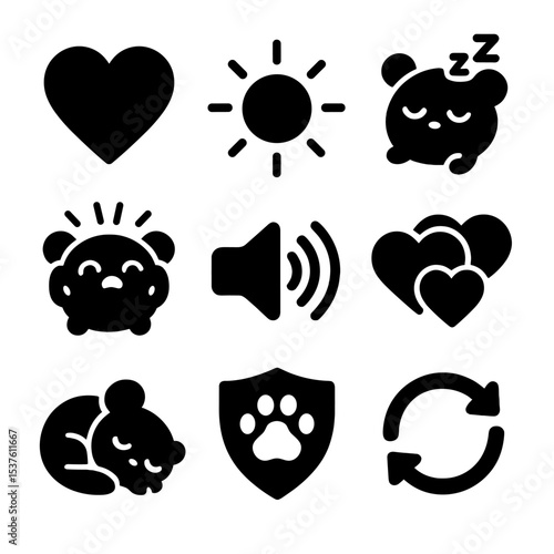 Emotional Support Icons. Solid, filled icons set of emotional support digital pets: heart icon, calming glow,