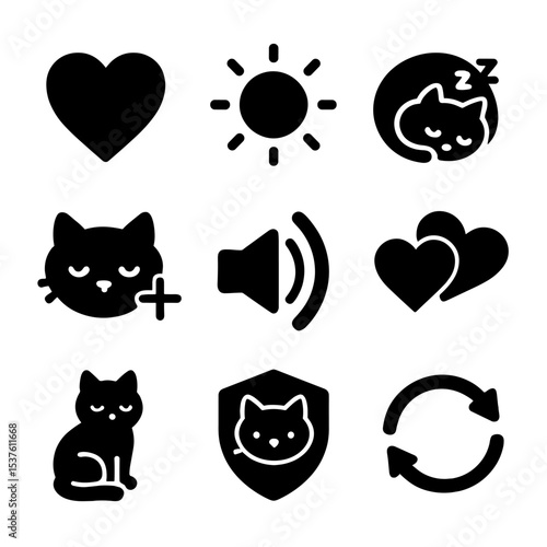 Emotional Support Icons. Solid, filled icons set of emotional support digital pets: heart icon, calming glow,