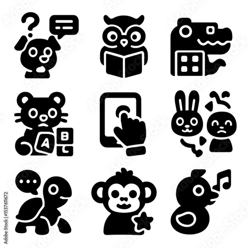 Educational Robo-Icons. Solid, filled icons set of educational robo-animals: voice quiz, interactive story,