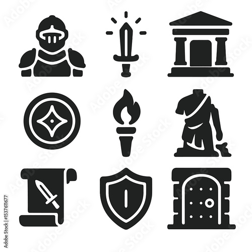 Legendary Quest Icons. Solid, filled icons set of a knight seeking a legendary sword in an ancient temple: