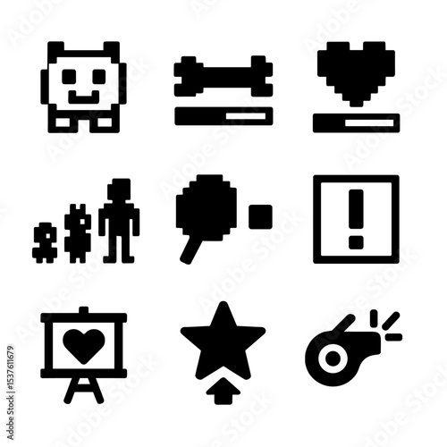 Pet Simulation Icon Set. Solid, filled icons set of pet simulation games: pixelated pet, food bar, happiness