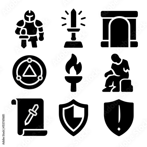 Legendary Quest Icons. Solid, filled icons set of a knight seeking a legendary sword in an ancient temple: