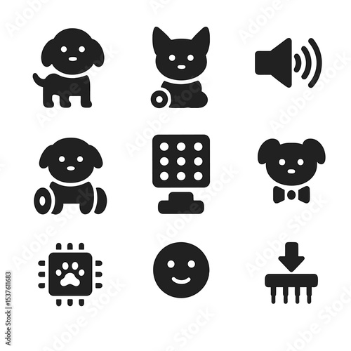 Customizable Robot Pets Icons. Solid, filled icons set of customizable robot pets: skin color, ear shape,