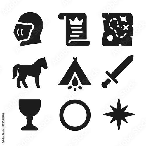Medieval Quest Icons. Solid, filled icons set of medieval quest icons: knight’s helmet, royal decree, treasure