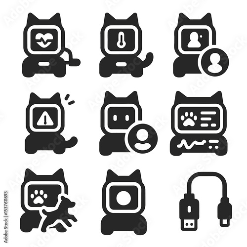 Healthcare Pet Monitoring Icons. Solid, filled icons set of healthcare monitoring pet bots: heart rate scanner