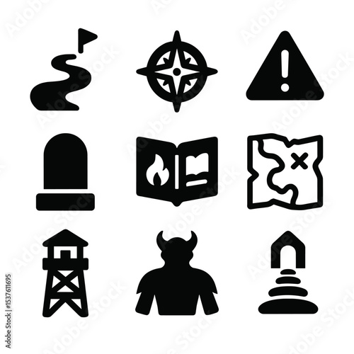 Heroic Journey Icons. Solid, filled icons set of heroic journey markers: trail icon, compass rose, danger sign