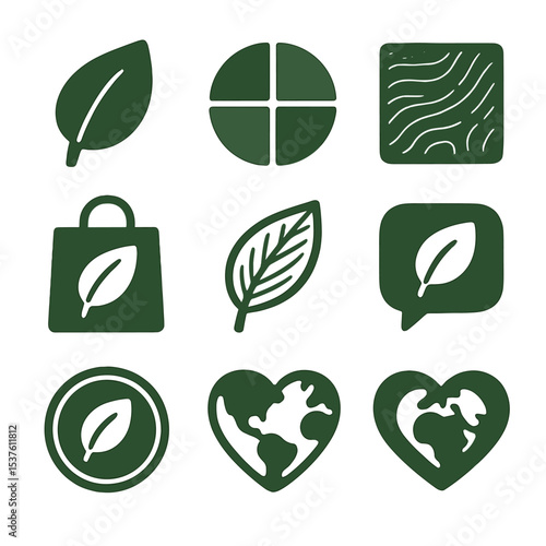 Eco-Friendly Icons Set. Solid, filled icons set of environmentally inspired branding: leaf logo, green palette