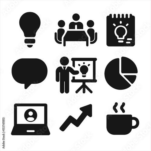 Business Idea Icons. Solid, filled icons set of a businessman brainstorming new business ideas with a team: