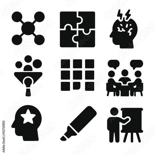 Collaborative Session Icons. Solid, filled icons set of collaborative thinking sessions: mind map, puzzle