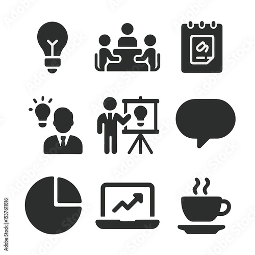 Business Idea Icons. Solid, filled icons set of a businessman brainstorming new business ideas with a team:
