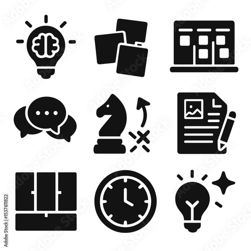 Startup Idea Icons. Solid, filled icons set of startup idea generation: innovation icon, post-it notes, agile