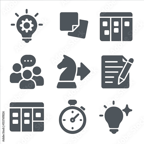 Startup Idea Icons. Solid, filled icons set of startup idea generation: innovation icon, post-it notes, agile