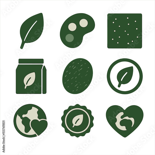 Eco-Friendly Icons Set. Solid, filled icons set of environmentally inspired branding: leaf logo, green palette