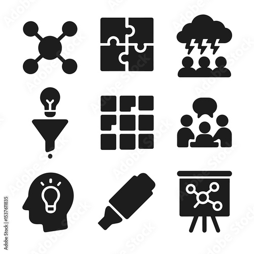 Collaborative Session Icons. Solid, filled icons set of collaborative thinking sessions: mind map, puzzle