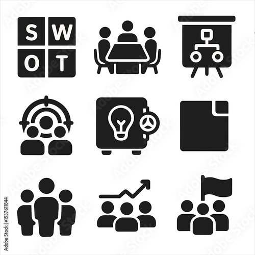 Strategic Team Icon Set. Solid, filled icons set of strategic team ideation: SWOT chart, meeting table, flip