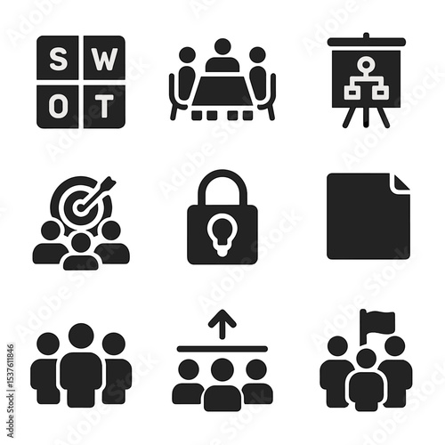 Strategic Team Icon Set. Solid, filled icons set of strategic team ideation: SWOT chart, meeting table, flip