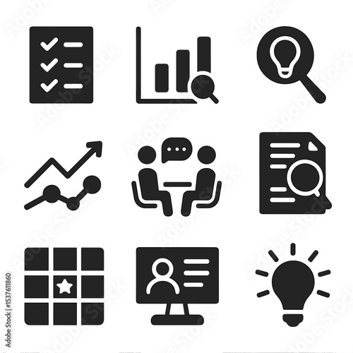 Market Research Icons. Solid, filled icons set of market research during idea phase: survey form, data chart,