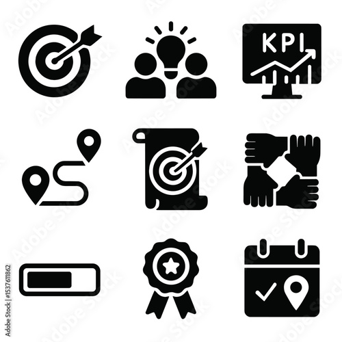 Goal-Oriented Icons Grid. Solid, filled icons set of goal-oriented team sessions: bullseye icon, shared vision