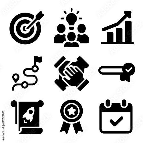 Goal-Oriented Icons Grid. Solid, filled icons set of goal-oriented team sessions: bullseye icon, shared vision