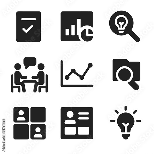 Market Research Icons. Solid, filled icons set of market research during idea phase: survey form, data chart,