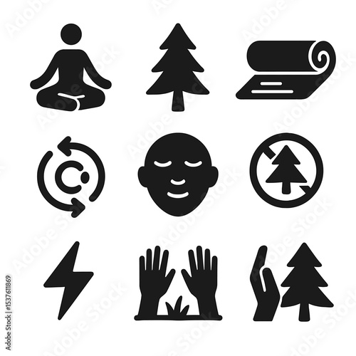 Forest Meditation Icons. Solid, filled icons set of forest meditation sessions: yoga pose, pine tree, nature