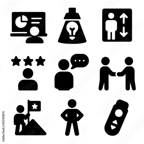 Creative Business Icons. Solid, filled icons set of creative business pitch prep: pitch deck, idea spotlight,