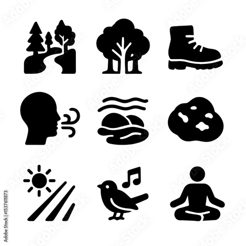 Forest Therapy Icons. Solid, filled icons set of nature baths and forest therapy for relaxation: forest path,