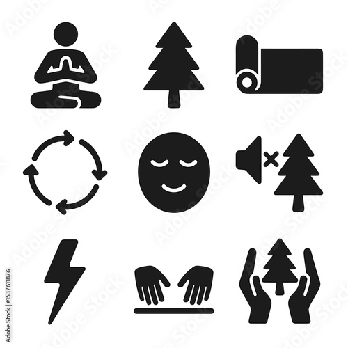 Forest Meditation Icons. Solid, filled icons set of forest meditation sessions: yoga pose, pine tree, nature