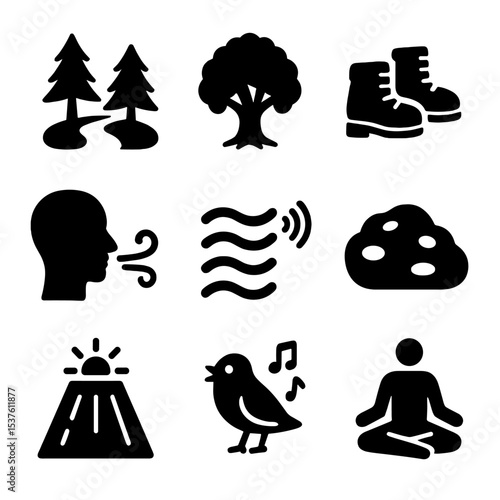 Forest Therapy Icons. Solid, filled icons set of nature baths and forest therapy for relaxation: forest path,
