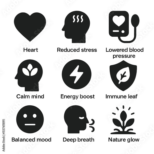 Forest Therapy Icons. Solid, filled icons set of benefits of forest therapy: heart icon, reduced stress,
