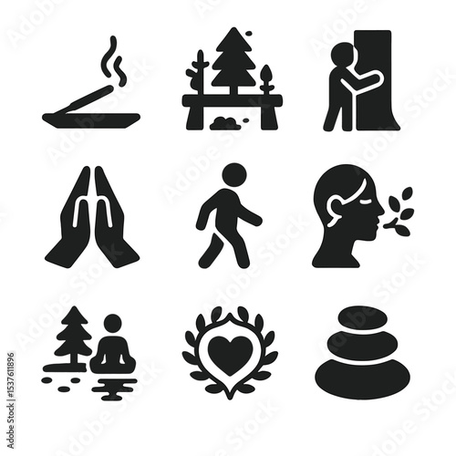 Forest Rituals Icons. Solid, filled icons set of forest wellness rituals: incense stick, forest altar, tree