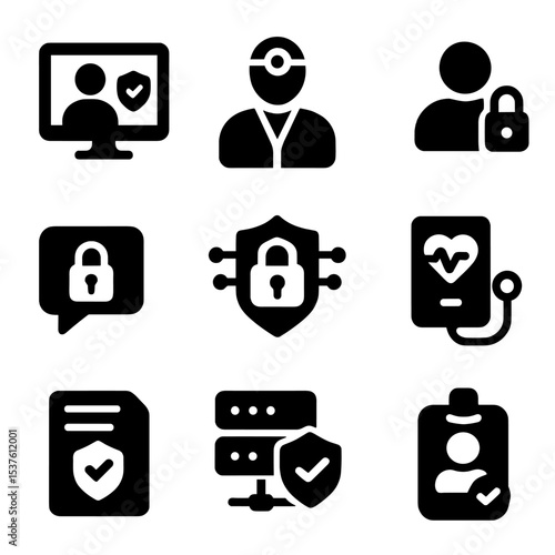 Secure Telemedicine Icons. Solid, filled icons set of secure telemedicine systems: video call icon, doctor