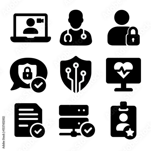 Secure Telemedicine Icons. Solid, filled icons set of secure telemedicine systems: video call icon, doctor