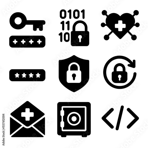 Healthcare Data Security Icons. Solid, filled icons set of data encryption in healthcare: encryption key, data