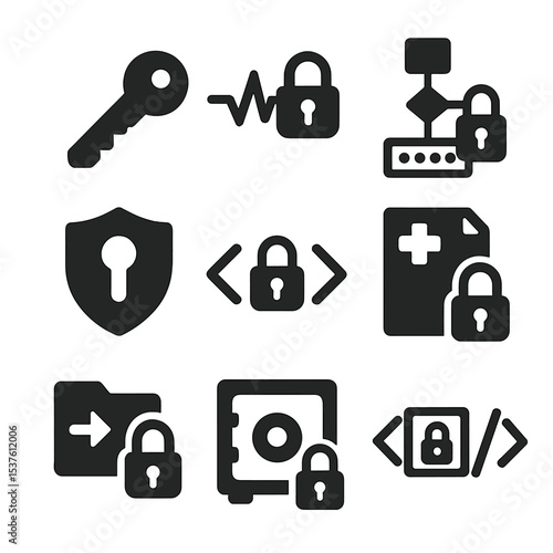 Healthcare Data Security Icons. Solid, filled icons set of data encryption in healthcare: encryption key, data