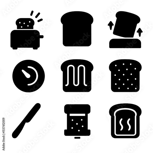 Toaster Icon Collection. Solid, filled icons set of toasting bread: toaster icon, bread slice, pop-up motion,