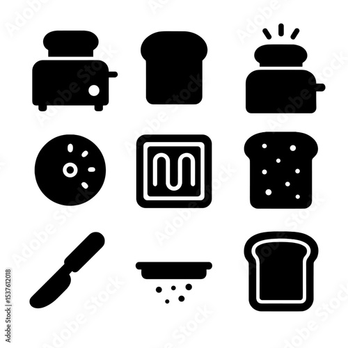 Toaster Icon Collection. Solid, filled icons set of toasting bread: toaster icon, bread slice, pop-up motion,