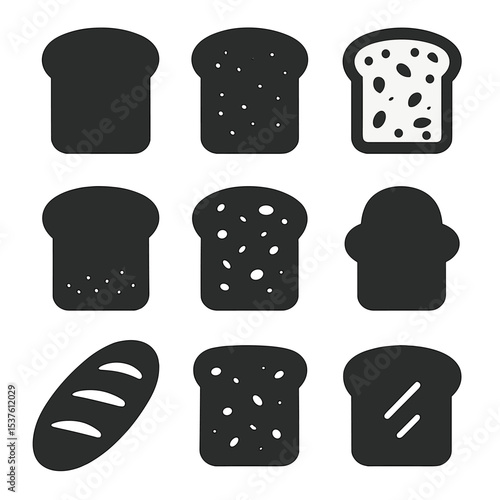 Toasting Bread Icons. Solid, filled icons set of bread types for toasting: white bread, whole wheat, sourdough