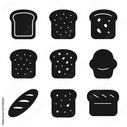 Toasting Bread Icons. Solid, filled icons set of bread types for toasting: white bread, whole wheat, sourdough