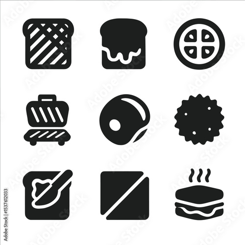 Toasted Sandwich Icons. Solid, filled icons set of toasted sandwich making: grilled toast, cheese melt, tomato